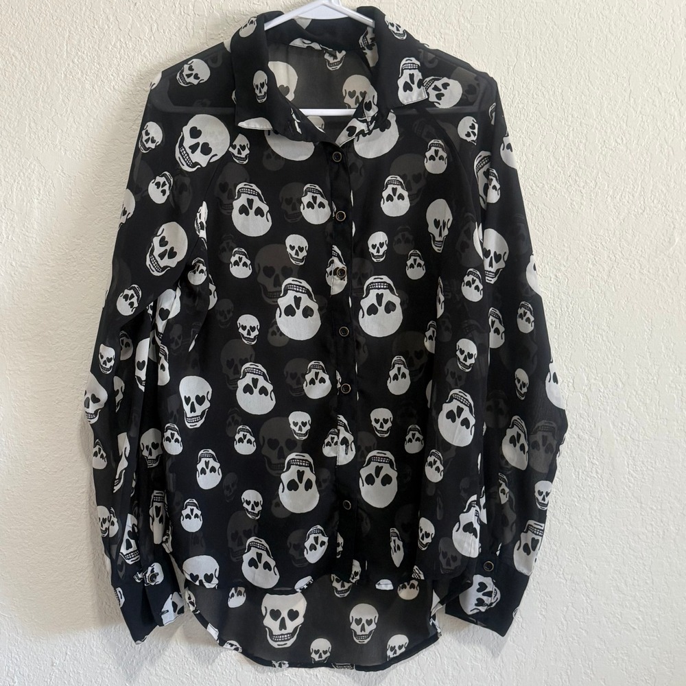 Womens Black Skull‎ Print Sheer Button Up Blouse Long Sleeve